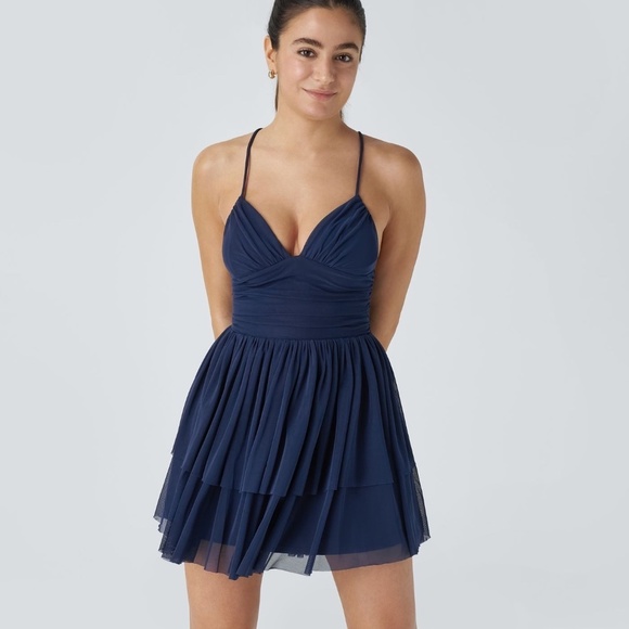 Harala Backless Lace-Up Mesh Layered Mini Dress | Deep Sapphire | Size S - Picture 2 of 10